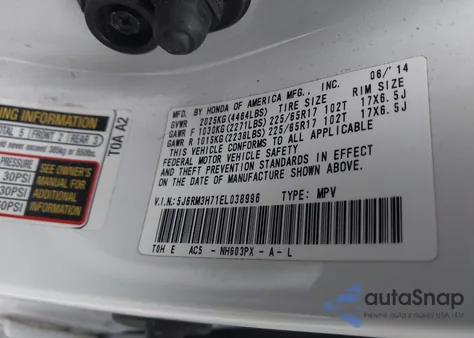 2014 Honda Cr-V Ex-L z USA, uszkodzony, nr VIN 5J6RM3H71EL038996